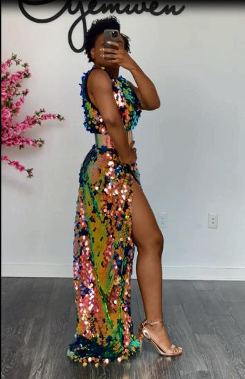Shiny Sleeveless V-neck Side Slit Formal Party Dress_5