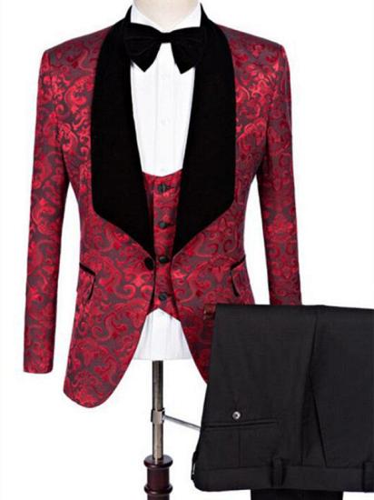 Classic Jacquard Three-Piece Men's Suit | Ruby Flower Black Collar Slim Fit Prom Suit