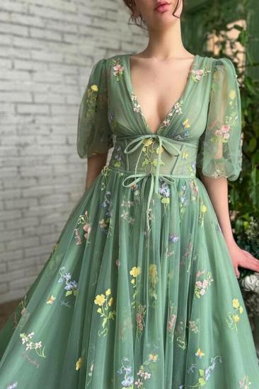 Ankle-Length V-Neck Long Sleeves A-line Evening Dresses_4