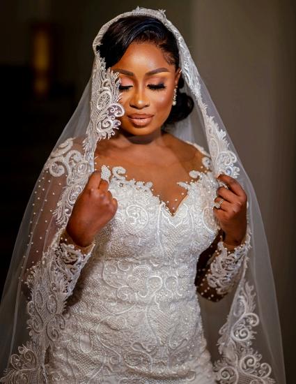 Gorgeous Long Sleeve Pearl Lace Applique Mermaid Wedding Dress_3