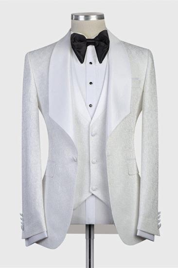 Custom Three Piece White Jacquard Shawl Lapel Wedding Tuxedo | Solid Color Jacquard Men's Suits
