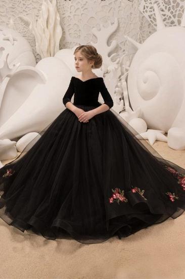 Off-the-shoulder Velvet Organza Floor-length Flower Girl's Embroidered Flower Dress