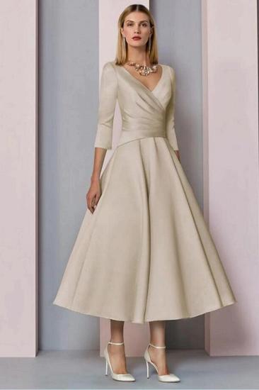 Satin Pleated Tea-Length V-Neck 3/4 Sleeves MotherDress
