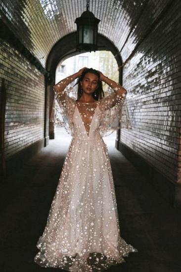 Cheap A-line Long-sleeved Backless Lace Glitter Wedding Dress