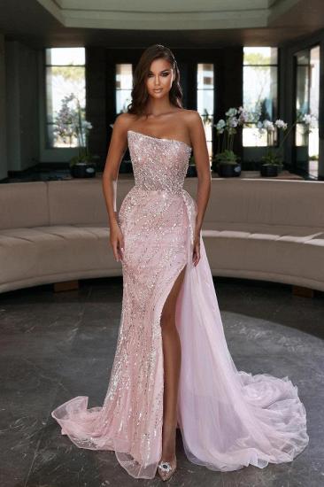 Pink sequin Side Slit Evening gown Strapless tulle ball dress