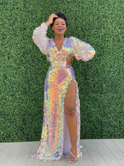 Sexy Sparkling Sequins Side Split Ball Gown | Long Sleeve Evening Dress_9