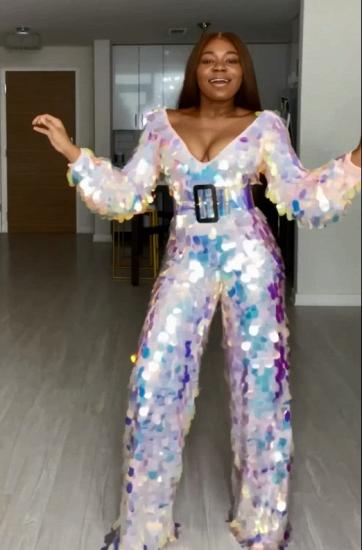 Sparkly Sequined Long-sleeved V-neck Jumpsuit For Women_2