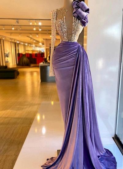 Chic Purple Beaded Off-Sleeve Round Neck Ball Gown