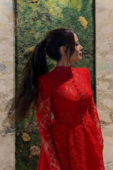 Red Lace Short/Mini High Neck Long Sleeves Cocktail Dress Party Dresses_2