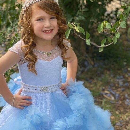 Lovely Sky Blue Ruffled Beaded Girl Dress With Flowers_3