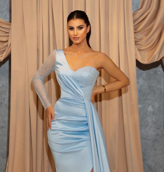 One-shoulder light blue slit long mermaid evening dress | One-shoulder evening dress_2
