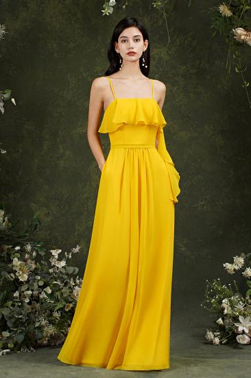 Bridesmaid Dress With Line Neck Chiffon Yellow With Pocket Ruffles_4