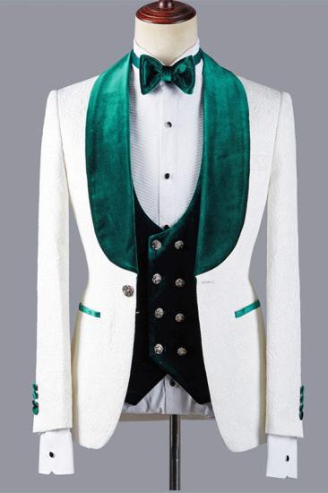 Velvet Lapel One Button Groom Suit | White Jacquard Three-Piece Men's Wedding Suit