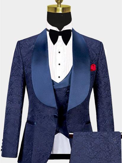 Navy Three Piece Tuxedo Online | Fine Jacquard Silk Collar Tailored Men's Suits