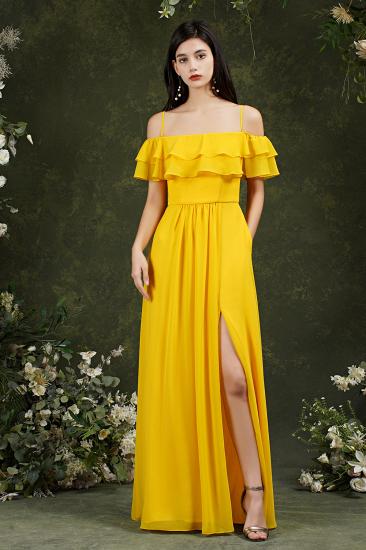 Bridesmaid Dress Yellow Off-shoulder Flanged One Line Shoulder Slit Dress_2