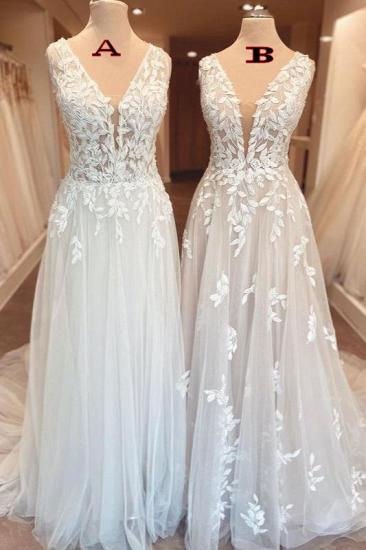 Lace V-neck wedding dress with wide shoulder straps | simple tulle wedding dress