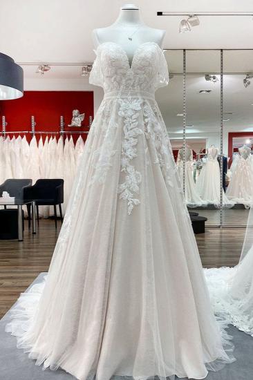 Trendy Off-Shoulder Aline Lace Appliquéd Backless Bridal Gown_1