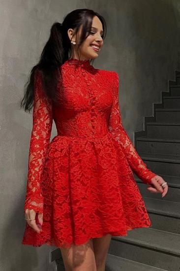 Red Lace Short/Mini High Neck Long Sleeves Cocktail Dress Party Dresses