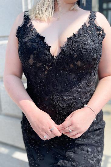 Black V-Neck Spaghetti Strap Backless Tulle Lace Long Mermaid Ball Gown_2