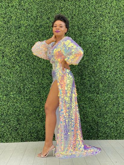 Sexy Sparkling Sequins Side Split Ball Gown | Long Sleeve Evening Dress_3