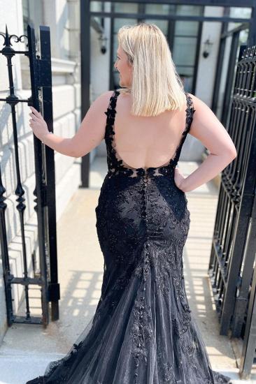 Black V-Neck Spaghetti Strap Backless Tulle Lace Long Mermaid Ball Gown_3