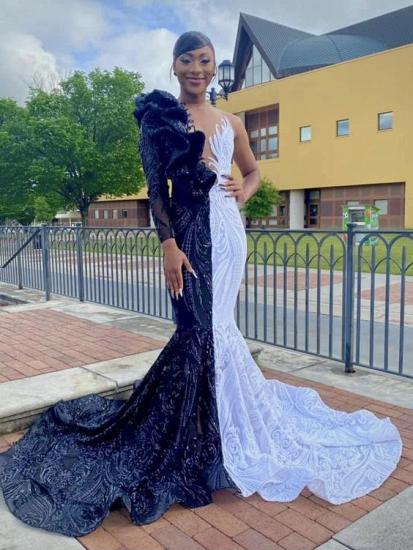 Chic two-tone V-neck one-shoulder long-sleeved mermaid ball gown_4