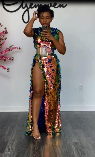 Shiny Sleeveless V-neck Side Slit Formal Party Dress_2
