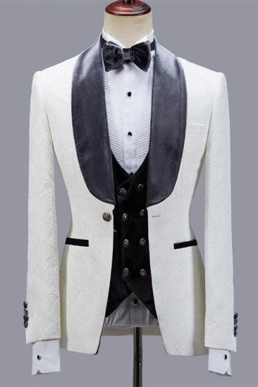 Velvet Lapel One Button Slim Groom Suit | White Jacquard Three-Piece Men's Wedding Suit