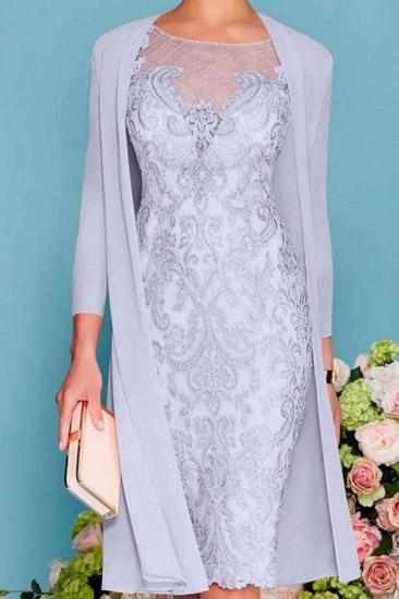 Two Piece Sheath Chiffon Bodycon Illusion Knee-Length Lace Mother of the Bride Dress_4