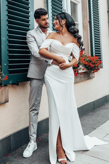 Simple Sweetheart Neck Card Shoulder and Floor Mermaid Wedding Dress with Ruffles_2