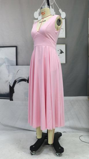 Chic Satin V Neck Tea Long Sleeveless Evening Gown With Side Pockets Everyday Wear Gown_5