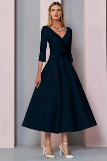 Satin Pleated Tea-Length V-Neck 3/4 Sleeves MotherDress_2