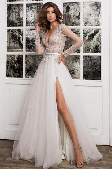 Boho Style Long Sleeve Lace V Neck Slit Wedding Dress