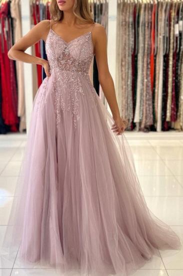 Pink Spaghetti Strap V-neck Tulle Long Slit Evening Dress With Beading_3