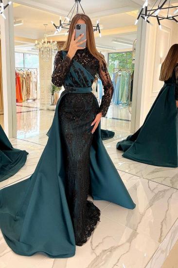 Black Lace Long Sleeve Pleated Evening Gown | Long Sleeve Ball Gown