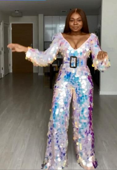 Sparkly Sequined Long-sleeved V-neck Jumpsuit For Women_4