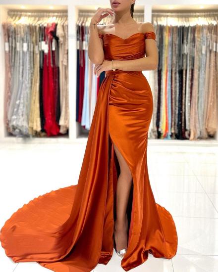 Simple one-shoulder front slit off-the-shoulder evening dress | Orange ball dress_4