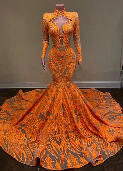 Stunning Orange Turtleneck Long Sleeve Mermaid Ball Gown | Long Sleeve Floor Sweeping Evening Gown