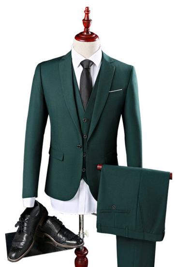 Dark Green One-Button Tailored Men's Three-Piece Suit | Unique Notched Lapel Tuxedo