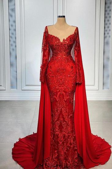 Modern Red Long Sleeve Mermaid Lace Evening Gown | Cheap Homecoming Lace Dress