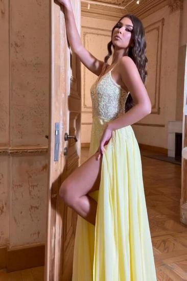 Simple Lace Chiffon V-Neck Prom Dresses_3