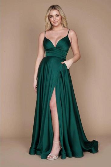 Dark Green, Fine Flour With V-neck Side Split Evening Gown |  Simple A-line Characters Long Prom Dresses