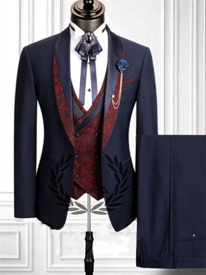 Dark Navy Stitching Lapel Fashion Double Breasted Vest Men's Formal 3-Piece Set