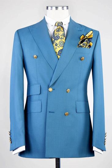 Elegant Shape Blue Double Breasted Peaked Lapel Business Men Suits