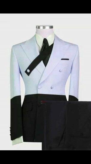 Men's Fashion Double Breasted Point Collar Suit | Light Blue and Black Colorblock Men's Prom Suit