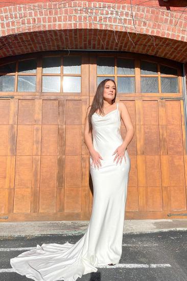 Simple White Spaghetti Strap Open Back Satin Mermaid Floor Length Wedding Dress