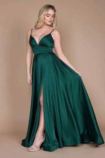 Dark Green, Fine Flour With V-neck Side Split Evening Gown |  Simple A-line Characters Long Prom Dresses_2
