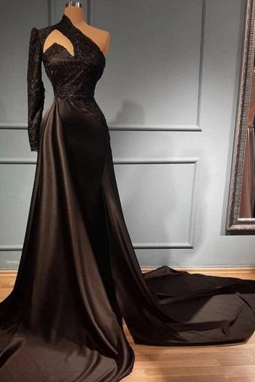 Chic Black One Shoulder One Sleeve Long Evening Gown | Long Sleeve Ball Gown