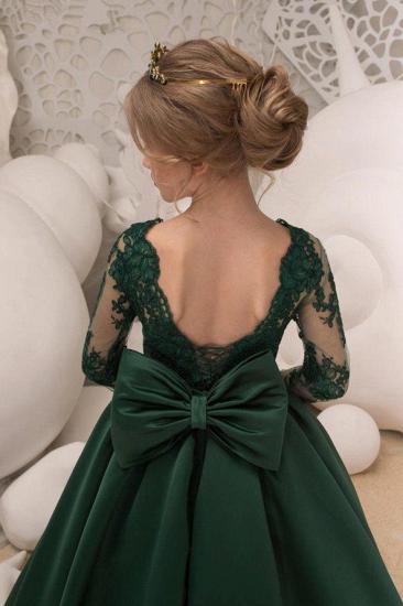 Dark Green Satin Gem Lace Backless Girl Dress With Bow_4