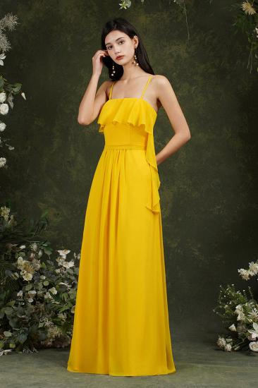 Bridesmaid Dress With Line Neck Chiffon Yellow With Pocket Ruffles